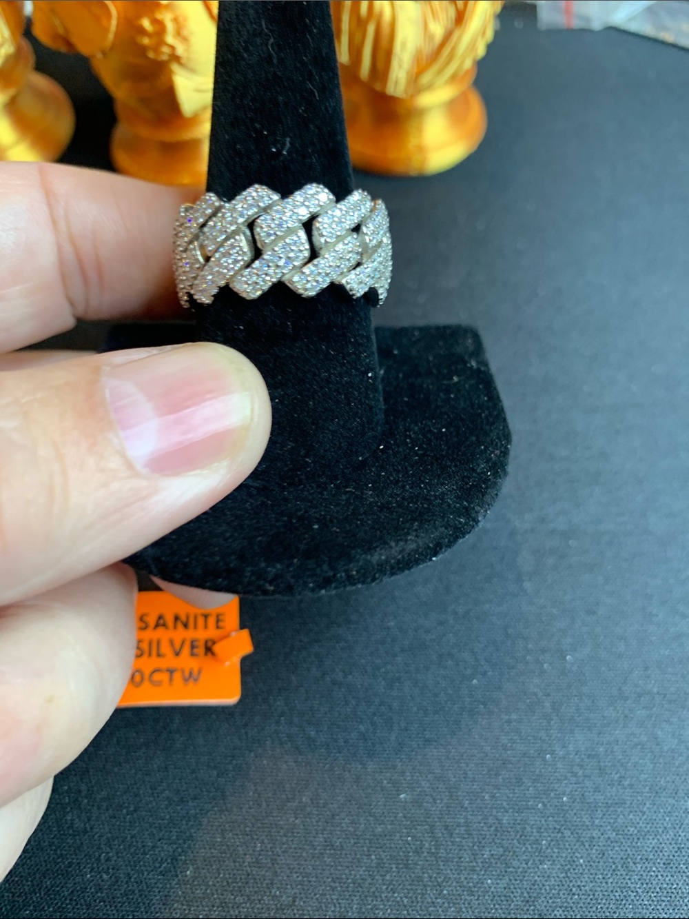 Sterling Silver Cuban Link Silver Ring - with 3 ctw Moissanite Diamonds size 11